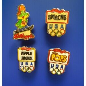 4 Kellogg's Cereal Sponsor Pins 1992 U.S. Olympics Smacks,Corn Pops Diggum Frog